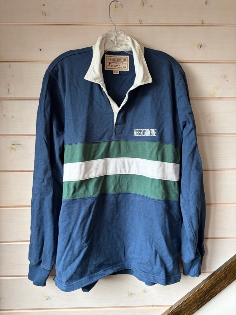 Abercrombie & Fitch Navy Rugby Pullover with Green and White Stripes